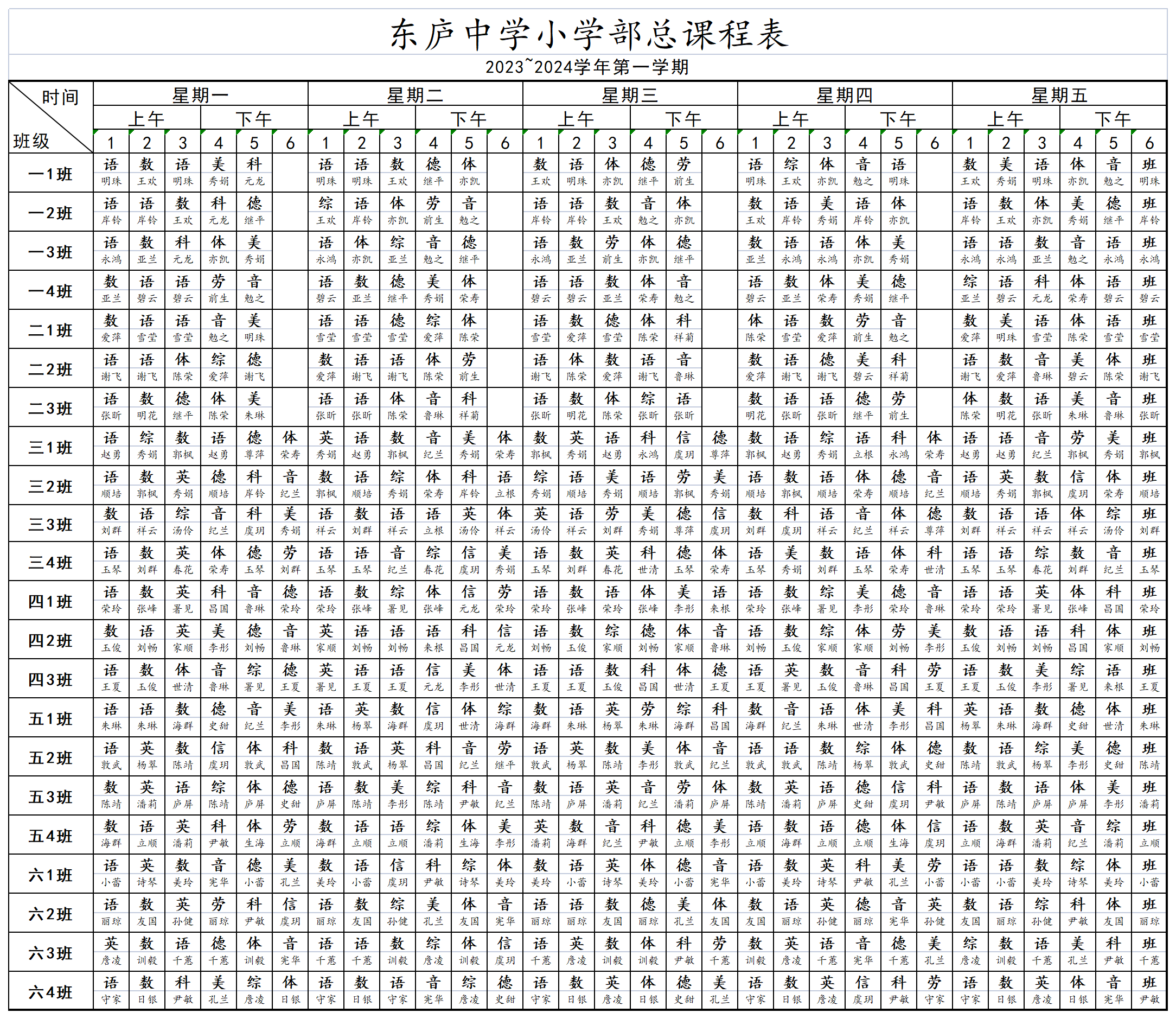 东庐中学小学部2023~2024学年第一学期总课程表（定稿）_Sheet1.png